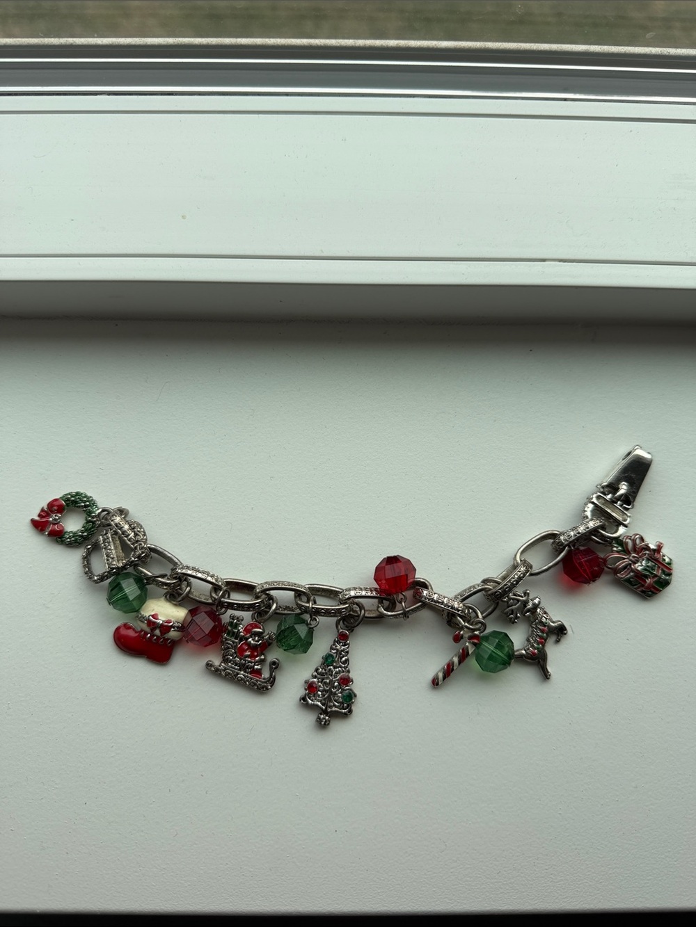 Brighton Silver Holiday Charm Bracelet with Red and Green Beads